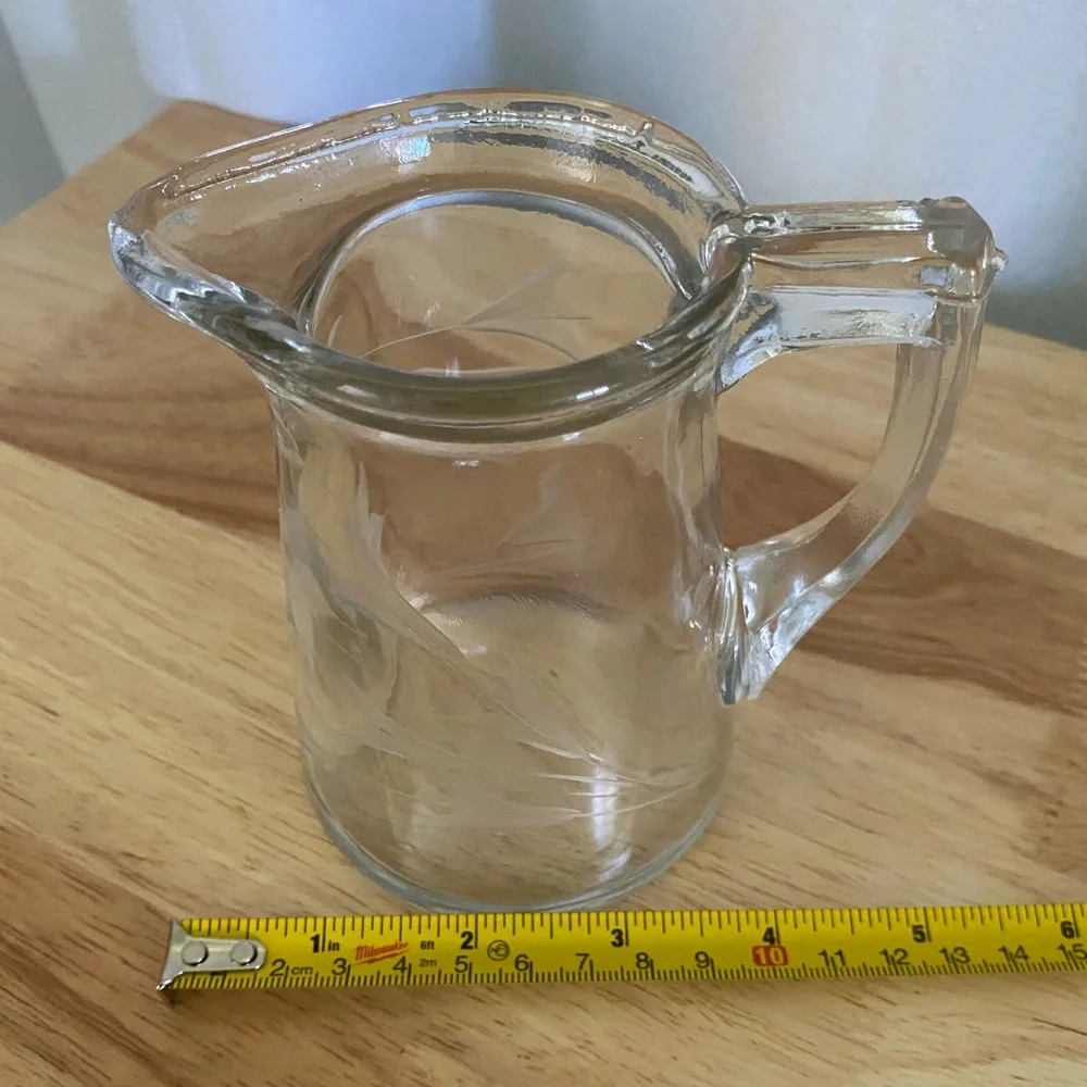 Vintage Etched Glass Creamer Pitcher with Delicate Floral Design and Handle